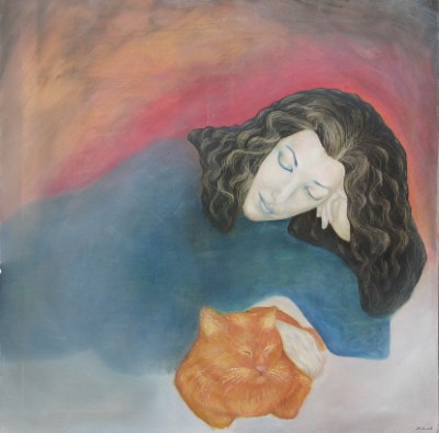 Ölbild einer Frau, die einen roten Kater streichelt